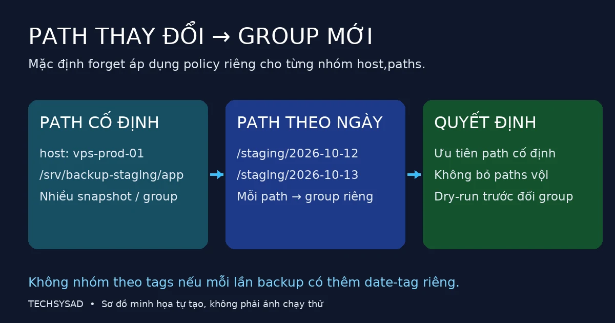 Sơ đồ so sánh staging path cố định với path theo ngày gây tách nhóm host và paths trong Restic